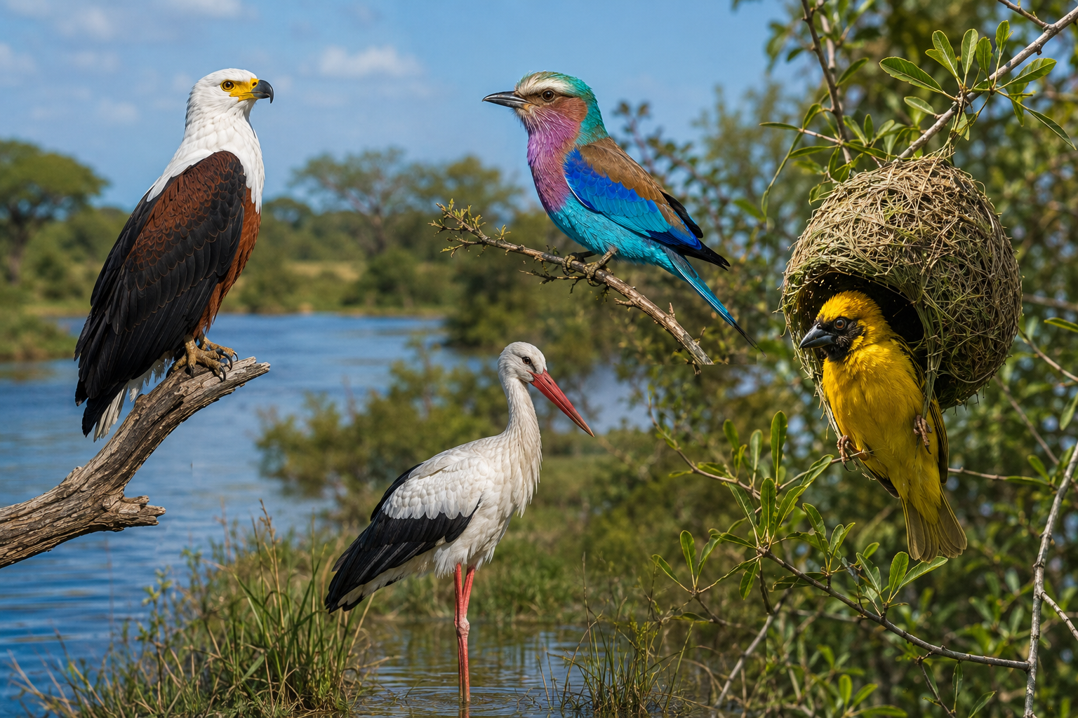 Four African birds in wetland and woodland habitats: African fish eagle, lilac-breasted roller, white stork and weaver bird